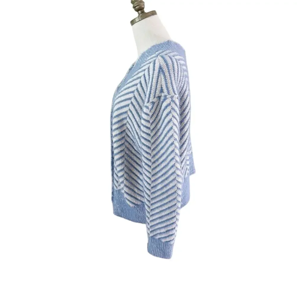 FRNCH Blue/White Herringbone Cardigan Size S/M V-Neck Button Up Oversized Fit